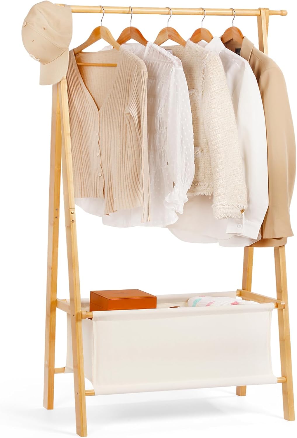 Bamboo Clothes Rack with Storage Box, Portable Extra Large Garment Rack Clothing Rack, Foldable Wardrobe For Entryway and Bed Room (M)